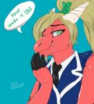 blonde_hair claws clothed clothing clover_(plant) crossdressing fangs femboy hair horn long_hair looking_at_viewer male necktie plant ponytail school_uniform smug solo teeth text uniform skully mythology clove_vaughn dragon mythological_creature mythological_scalie scalie 2017 english_text hi_res