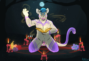 anthro balls blue_hair book empty_eyes flaccid front_view fur genitals hair holding_book holding_object humanoid_genitalia humanoid_penis kneeling male male_anthro moon night nude nude_anthro nude_male occult_symbol open_mouth open_smile outside penis pentagram pink_penis plant purple_body purple_fur slightly_chubby slightly_chubby_anthro slightly_chubby_male smile solo star summoning_circle symbol tail tan_body tan_fur teeth tree meldritchhorror iz_(pageoflight) american_opossum mammal marsupial virginia_opossum 2017