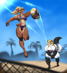 4_toes 5_fingers abs anthro antlers ball beach bikini bikini_bottom bikini_top black_nose blonde_hair brown_body brown_fur clothing duo feet female fingers fur hair hindpaw hooves horn humanoid_hands muscular muscular_anthro muscular_female navel net paws sand sport swimwear tail teeth toes tongue tongue_out two-piece_swimsuit volleyball volleyball_(ball) volleyball_net white_body white_fur nina_kittie rachel_beauceron canid canine canis deer mammal wolf hi_res