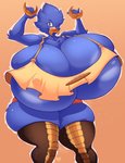 anthro arm_tuft beak big_breasts blue_body blue_feathers bottomwear bread breasts brown_eyes bulging_breasts bulging_thighs butt chest_tuft cleavage clothed clothing croissant elbow_tuft feathers female food holding_food holding_object huge_breasts hyper hyper_breasts legwear looking_at_viewer nipple_outline nipple_slip nipples non-mammal_breasts one_eye_closed pastry simple_background smile solo thick_thighs thigh_highs tuft wink yellow_beak jaeh busty_bird avian bird corvid corvus_(genus) crow oscine passerine 2020 absurd_res hi_res