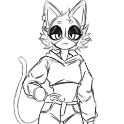 anthro bottomwear cheek_tuft clothing ear_piercing eyeshadow facial_tuft fangs female female_anthro head_tuft jacket looking_at_viewer makeup midriff narrowed_eyes navel pants piercing solo tail teeth topwear tuft mun_rue epic_games fortnite meow_skulls calico_cat domestic_cat felid feline felis mammal 1:1 2026 digital_drawing_(artwork) digital_media_(artwork) hi_res sketch