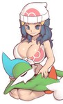 2020 big_breasts blue_eyes blue_hair breasts cleavage clothed clothing dawn_(pokemon) duo eyes_closed female gallade generation_4_pokemon green_hair hair hat head_on_lap headgear headwear huge_breasts human humanoid lying male mammal multicolored_body nintendo on_back on_lap open_mouth plantpenetrator pokemon pokemon_(species) shirt smile tied_shirt topwear two_tone_body white_body white_skin