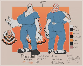 anthro beak big_breasts black_beak black_markings blue_bottomwear blue_clothing blue_pants blue_topwear bottomwear breasts clothed clothing feathers female female_anthro front_view huge_breasts markings mouth_closed non-mammal_breasts orange_eyes orange_markings overweight overweight_anthro overweight_female pants rear_view scrubs simple_background solo standing tail tail_feathers text topwear white_body white_feathers jezzlen phoebe_(jezzlen) avian bird horned_owl owl snowy_owl true_owl english_text hi_res model_sheet