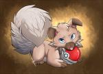 ambiguous_gender blue_eyes brown_background brown_body brown_fur feral fur looking_at_viewer nude pink_nose pokeball raised_tail simple_background solo standard_pokeball tail tan_body tan_fur text tuft ahro nintendo pokemon canid canine generation_7_pokemon mammal pokemon_(species) rockruff 2016 english_text signature