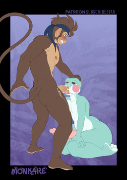 abs accessory anthro athletic athletic_anthro athletic_male balls big_butt bodily_fluids bottom_heavy brown_body brown_fur brown_hair butt cheek_spots cum cum_in_mouth cum_inside cumshot ejaculation erection fellatio femboy fur genital_fluids genitals green_body green_skin hair half-closed_eyes headband huge_butt humanoid_genitalia humanoid_penis male male/male multicolored_body multicolored_skin muscle_tone narrowed_eyes oral oral_penetration orgasm pear-shaped_figure pecs penetration penile penis sex tan_body tan_fur thick_thighs two_tone_body two_tone_skin white_body white_skin wide_hips kareca kc_(kingclown) monkare_(kareca) amphibian frog haplorhine mammal monkey primate