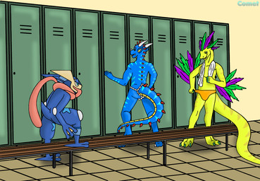 anthro asian_clothing bench blue_body clothing east_asian_clothing fundoshi group japanese_clothing locker locker_room male male/male speedo swimwear tongue tongue_out towel trio underwear yellow_body cometmystic21 mythology nintendo pokemon blytz_zap_dragon comet_(cometmystic21) itzal_eguzkia amphibian dragon frog generation_6_pokemon greninja lizard mythological_creature mythological_scalie pokemon_(species) reptile scalie digital_media_(artwork) shaded