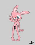 anthro blue_eyes blush bulge clothing fur hair looking_at_viewer male nipples pink_body pink_fur pink_hair scut_tail short_tail simple_background smile solo tail tongue tongue_out underwear jbun07 jasbun lagomorph leporid mammal rabbit digital_media_(artwork)