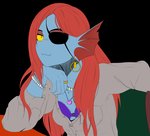:3 bra bracelet clothing ear_piercing ear_ring female jewelry looking_at_viewer piercing ring ring_piercing simple_background sitting solo underwear haaru undertale undertale_(series) undyne animal_humanoid fish fish_humanoid humanoid marine marine_humanoid colored hi_res