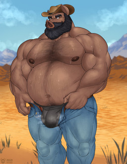 anthro arm_hair barazoku beard belly belly_hair biceps big_belly bodily_fluids body_hair bottomwear brown_body bulge chest_hair clothing cowboy_hat deltoids denim denim_bottomwear denim_clothing eyebrows facial_hair forearm_muscles hat headgear headwear jeans male mature_male musclegut muscular muscular_male musk musky_penis mustache navel pants pecs solo sweat thick_eyebrows trapezius triceps zeed_bullwolf domestic_pig mammal suid suine sus_(pig) hi_res