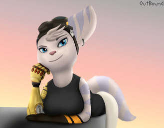 anthro bent_over blue_eyes breasts clothing cybernetic_arm cybernetic_limb eyewear eyewear_on_head female fur goggles goggles_on_head pose purple_body purple_fur shirt smile solo sunset tank_top topwear outbound ratchet_and_clank sony_corporation sony_interactive_entertainment rivet_(ratchet_and_clank) lombax mammal hi_res