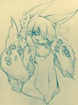 anthro belly blush bodily_fluids breasts female fur gesture hair hand_gesture handjob_gesture long_hair navel nude small_breasts solo suggestive suggestive_gesture sweat tongue tongue_out curemitsuba made_in_abyss nanachi narehate hi_res monochrome traditional_media_(artwork)