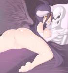 anus areola bed big_breasts black_hair black_sclera bodily_fluids body_pillow bone breasts butt dakimakura dakimakura_pillow feathered_wings feathers female furniture genitals hair halo_horns horn long_hair lying nipples not_furry nude on_bed open_mouth pale_skin pillow pussy red_eyes simple_background solo sweat sweaty_breasts sweaty_butt sweaty_genitalia sweaty_legs sweaty_pussy sweaty_thighs wings yellow_eyes necrosmos overlord_(series) ainz_ooal_gown albedo_(overlord) demon demon_humanoid horned_humanoid humanoid lich mammal undead winged_humanoid 2016