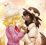 alternate_species anthro black_body black_fur black_hair blonde_hair breasts clothed clothing duo exclamation_point female female/female fur hair hat headgear headwear heart_symbol simple_background text yellow_body yellow_fur kumainu touhou maribel_hearn renko_usami canid canine canis domestic_dog mammal japanese_text pictographics