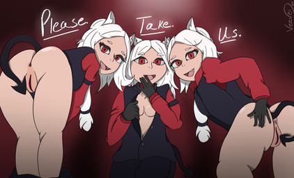 anus bent_over bottomwear bottomwear_down butt clothed clothing fangs female genitals group hair looking_at_viewer open_mouth pants pants_down partially_clothed pointed_tail presenting presenting_hindquarters presenting_vulva red_eyes smile spreading suit take_your_pick teeth text vulva white_hair nivaria helltaker cerberus_(helltaker) animal_humanoid canid canid_humanoid demon demon_humanoid humanoid mammal mammal_humanoid hi_res
