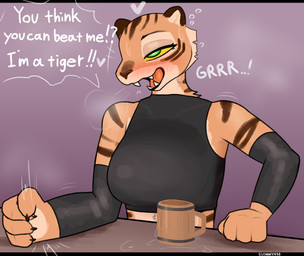 anthro arm_markings armwear blush breasts claws clothed clothed_anthro clothed_female clothing container cup drunk facial_markings fangs female female_anthro finger_claws fist fist_slam fur green_eyes growling head_markings heart_symbol markings multicolored_body multicolored_fur orange_body orange_fur sharp_teeth simple_background solo striped_markings stripes substance_intoxication teeth text topwear white_text yellow_sclera sijimmy456 felid mammal pantherine tiger 2025 digital_media_(artwork) english_description english_text hi_res
