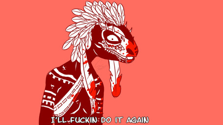anthro blood blood_on_face blood_splatter bodily_fluids bodypaint dark_body face_paint female insane meme_face meme_pose red_background simple_background solo text henyoki i'll_fuckin'_do_it_again microsoft the_elder_scrolls the_elder_scrolls_online situth_(varlastreak) argonian scalie 16:9 hi_res meme widescreen