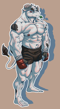 2_horns 5_toes abs accessory anthro areola bag barefoot black_bottomwear black_clothing black_shorts black_spots bottomwear clothed clothing deltoids feet fur furgonomics gloves hair handwear horn jewelry leaf leaf_in_mouth looking_at_viewer male markings muscular muscular_anthro muscular_arms muscular_male muscular_thighs navel nipples obliques pecs red_clothing red_gloves red_handwear ring serratus shorts simple_background solo spots spotted_body spotted_fur standing tail tail_accessory tail_jewelry tail_ring tail_tuft toes topless tuft vein veiny_muscles white_body white_fur white_hair koreanhusky soonsky_ksk soonsky_kumu byeong-wu_kwang bovid bovine cattle mammal 2017 absurd_res hi_res