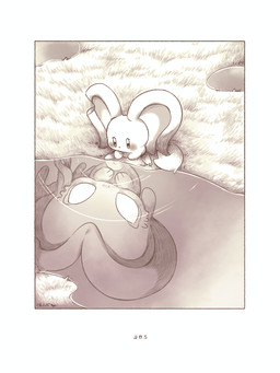 ambiguous_gender big_ears biped bipedal_feral blush blush_lines blush_stickers border curled_up detailed_background duo empty_eyes eye_contact feral fetal_pose fluffy fluffy_tail glowing glowing_eyes grass grass_field high-angle_view legless looking_at_another looking_at_reflection mouthless notched_ear outside plant puddle reflection ripples semi-anthro size_difference tail three-quarter_view white_border white_eyes hakobune kirby_(series) kirby_and_the_forgotten_land nintendo elfilin fecto_forgo alien chinchilla chinchillid mammal rodent starling_(kirby) 2022 3:4 black_and_white constructed_language digital_drawing_(artwork) digital_media_(artwork) fictional_language full-length_portrait hi_res monochrome portrait signature male_(lore)