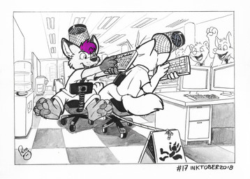 anthro barefoot chair checkered checkered_floor clothed clothing computer_keyboard duo_focus electronics fangs feet furniture group hair inside logo male monitor office office_chair open_mouth open_smile purple_hair short_hair sitting smile teeth young young_anthro young_male pandapaco canid canine mammal 2018 absurd_res artist_logo dated hi_res signature spot_color