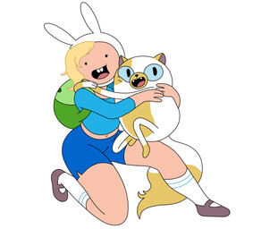 anthro backpack blonde_hair blue_eyes bottomwear buckteeth clothed clothing crop_top dot_eyes duo fake_ears fake_rabbit_ears female fluffy fluffy_tail footwear fully_clothed fur hair hat headgear headwear hug on_model open_mouth open_smile pointy_ears prick_ears pupils shirt shoes shorts simple_eyes slit_pupils smile socks tail teeth toony topwear white_body white_fur carolyn_ramirez hanna_k._nystrom adventure_time cartoon_network fionna_and_cake fionna_and_cake_(franchise) cake_the_cat fionna_the_human domestic_cat felid feline felis human mammal hi_res official_art adopted_(lore) adoptive_sibling_(lore) adoptive_sister_(lore) adoptive_sisters_(lore)
