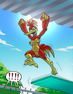 4_fingers 4_toes anisodactyl anthro anthrofied areola avian_feet beak breasts butt butt_from_the_front casual_nudity claws cloud detailed_background dipstick_tail diving_board exclamation_point exhibitionism eyelashes feathers feet female fence fingerless_(marking) fingers genitals green_eyes jumping markings navel nipples non-mammal_nipples nude open_mouth orange_body orange_feathers pink_areola pink_nipples plantigrade public public_nudity red_body red_feathers sky slightly_chubby solo speech_bubble sun tail tail_feathers tail_markings talons toe_claws toes vulva yellow_body yellow_skin bassybefuddle conditional_dnp banjo-kazooie rareware kazooie avian breegull hi_res