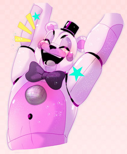 anthro button_(fastener) eyebrows eyes_closed happy machine male open_mouth open_smile pink_body pink_inner_ear purple_body purple_cheeks raised_arm smile solo speaker teeth white_body larahhhhhhish five_nights_at_freddy's scottgames sister_location funtime_freddy_(fnafsl) animatronic bear mammal robot