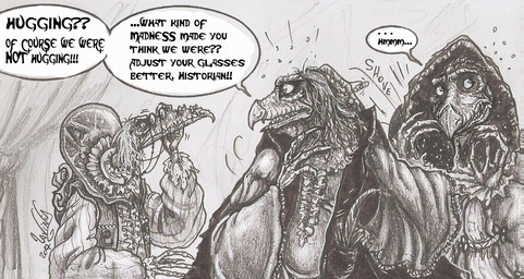 anthro beak caught_in_the_act clothed clothing dialogue elderly embarrassed fangs fully_clothed gown group hug multi_limb pretending renaissance_clothing speech_bubble teeth text trio skekla_(artist) the_dark_crystal skekla_the_illustrator skekok_the_scroll_keeper skeksil_the_chamberlain alien skeksis 2017 comic english_description english_text signature herm_(lore)