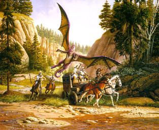 armor bat_wings blue_sky boots bridle brown_body brown_fur brown_hair canyon carriage chainmail claws cliff clothed clothing cloud coif crossbow detailed_background evergreen_tree feral field footwear fur gloves grass group hair handwear headgear helmet horn landscape leather long_hair mace male melee_weapon membrane_(anatomy) membranous_wings nature open_mouth outside pine_tree plant polearm purple_body purple_scales ranged_weapon reins riding river rock saddle scales shoes sky spear spines studs surcoat tail teeth toe_claws tree water weapon white_body white_fur wings yellow_body yellow_scales keith_parkinson european_mythology mythology dragon equid equine horse human mammal mythological_creature mythological_scalie scalie western_dragon