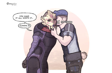 beret blue_tongue clothed clothing dark_sclera dialogue duo female fully_clothed hands_behind_back hat headgear headwear holding_chin kissing_cheek leaning leaning_forward male male/female onomatopoeia simple_background sound_effects speech_bubble standing text tongue yellow_eyes warjenkins bioware electronic_arts mass_effect alien human humanoid mammal turian 2025 absurd_res digital_media_(artwork) english_text hi_res signature