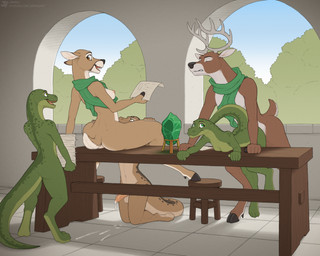 4_toes 5_fingers anthro anthro_on_anthro anthro_penetrated anthro_penetrating anthro_penetrating_anthro antlers balls black_nose bodily_fluids bottomless bottomless_anthro bottomless_female bottomless_male breasts brown_body brown_fur butt casual_nudity casual_sex clothed clothing crystal cum cunnilingus desk ejaculation erection feet female female_penetrated fingers fur furniture genital_fluids genitals green_body green_scales group hands-free hooves horn humanoid_genitalia humanoid_hands humanoid_penis interspecies male male/female male_penetrating male_penetrating_female nipples nude nude_anthro nude_female nude_male on_desk oral paper penetration penile penile_penetration penis scales sex sitting_on_desk smile standing table toes vaginal jishinu deer lizard mammal new_world_deer reptile scalie white-tailed_deer 2025 5:4 hi_res