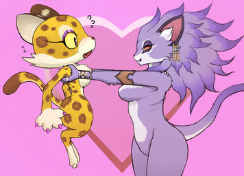 anthro blush bracelet breasts brown_nose carrying_another carrying_partner chest_tuft claws countershading curvy_figure duo ear_piercing ear_ring eyelashes eyeshadow female female/female fluffy fluffy_chest fur heart_symbol hourglass_figure jewelry long_eyelashes long_tail makeup markings multicolored_body multicolored_fur necklace nude open_mouth paws piercing pink_background purple_body purple_eyes purple_eyeshadow purple_fur red_sclera ring ring_piercing simple_background size_difference small_waist spots spotted_body tail thick_thighs tongue tuft two_tone_body two_tone_fur whiskers wide_hips yellow_body yellow_fur yellow_sclera anonymous_artist kirby_(series) kirby_and_the_forgotten_land mana_(series) nintendo square_enix trials_of_mana belladonna_(trials_of_mana) clawroline felid feline leopard mammal pantherine crossover