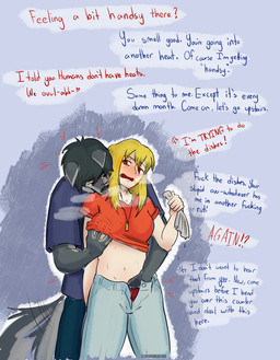 anthro black_hair blonde_hair bottomwear breast_grab breasts clothed clothing denim denim_bottomwear denim_clothing dirty_talk duo female fingering fur grey_body grey_fur hair hand_in_pants hand_on_breast interspecies interspecies_romance jeans male male/female pants partially_clothed profanity shirt t-shirt text topwear ironmeatus arachnne_roots zack_canis canid canine canis human mammal wolf absurd_res english_text hi_res