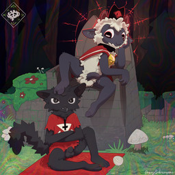 abstract_background anthro balls barefoot bell bell_collar black_body black_fur bodily_fluids bottomless chair clothed clothing coat collar crown cum dominant dominant_male drugs duo feet flaccid foot_on_head fungus fur furniture genital_fluids genitals grass headgear hud hypnotic_eyes implied_orgasm intoxication_play looking_at_another male male/male mushroom painted_background penis plant psychedelic_background stone_wall substance_intoxication throne topwear vignette wall_(structure) wool_(fur) conditional_dnp orenjisalmonpaw cult_of_the_lamb massive_monster_(studio) lamb_(cult_of_the_lamb) narinder red_crown_(cult_of_the_lamb) bovid caprine domestic_cat felid feline felis mammal sheep 1:1 digital_media_(artwork) digital_painting_(artwork) hi_res painting_(artwork)
