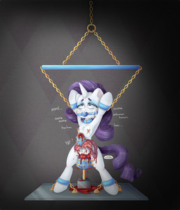 abuse ball_gag bdsm belly blood bodily_fluids bondage bound breasts clit_torture crying cuff_(restraint) dildo fallopian_tubes female flat_chested gag gagged genital_torture genitals gore gore_focus grotesque guts horn imminent_death intestines large_penetration moan nipple_piercing nipple_torture nipples nude onomatopoeia organs ovaries pain penetration piercing pussy_torture restraints sex_toy shackles snuff solo sound_effects spiked_dildo spiked_sex_toy spikes tail tears text torture uterus vaginal vulva mortimer_todd friendship_is_magic hasbro my_little_pony mythology pop rarity_(mlp) equid equine horse mammal mythological_creature mythological_equine pony unicorn hi_res