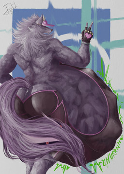 abdominal_bulge anthro belly big_belly big_butt bubble_butt butt churn clothing digestion digestion_implied fingerless_gloves fur fuzzy gesture gloves hand_gesture handwear hat headgear headwear horn looking_at_viewer male male_pred mass_vore multiple_prey muscular muscular_male onomatopoeia oral_vore purple_body purple_fur rear_view rumbling_stomach smile solo sound_effects tail text v_sign vore sori.e-v.2 lifewonders tokyo_afterschool_summoners bathym_(tas) canid canine canis demon mammal wolf 2025 digital_drawing_(artwork) digital_media_(artwork) english_text hi_res signature watermark