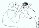 anthro belly big_belly chubby_cheeks clothed clothing double_chin duo eyewear fingers glasses hair hand_on_cheek hooved_fingers hooves human_to_anthro male mid_transformation moobs obese obese_anthro obese_male open_mouth open_smile overweight overweight_anthro overweight_male smile species_transformation transformation keweytanuki domestic_pig human mammal suid suine sus_(pig) black_and_white monochrome