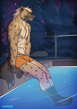 5_fingers anthro areola boxer_briefs boxer_briefs_only boxers_(clothing) boxers_only brown_body brown_fur chain-link_fence clothed clothing evergreen_tree eyes_closed feet fence fingers fur gloves_(marking) grin hair humanoid_hands male markings night nipples orange_clothing orange_underwear partially_submerged pecs pine_tree plant poolside sitting smile solo spots spotted_arms spotted_body spotted_fur spotted_legs spotted_markings spotted_shoulders spotted_thighs star swimming_in_underwear swimming_pool tail text topless tree trespassing underwear underwear_only water antaeus hyena mammal spotted_hyena 2026 hi_res