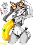 :3 anthro bikini biped blush breasts cleavage clothed clothing cute_fangs eyewear eyewear_on_head female female_anthro floatie goggles goggles_on_head grey_arms grey_body grey_face inflatable kemono multicolored_body navel open_:3 open_mouth partially_submerged simple_background solo standing swimwear text two-piece_swimsuit two_tone_arms two_tone_body two_tone_face white_background white_body white_face white_hands wide_hips yellow_sclera kamen_no_hito kumamine safety_cat genba_neko domestic_cat felid feline felis mammal 3:4 english_text hi_res