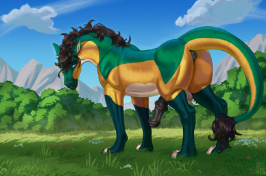 animal_genitalia animal_penis anthro anus backsack balls detailed_background equine_anus equine_genitalia equine_penis forest fur genitals half-erect hooves looking_at_viewer male nature outside penis plant puffy_anus smile solo tail tree jaribka equid equine horse mammal digital_media_(artwork) hi_res