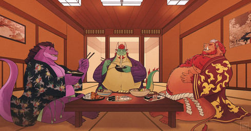 anthro asian_clothing beard belly belly_fluff belly_fur belly_tuft big_belly boar_tusks chest_fur chest_tuft chopsticks clothing crossed_legs dish ear_piercing east_asian_clothing eating eating_food eyes_closed facial_hair feet food fur furniture green_body group hair hand_on_belly hand_on_own_belly holding_object horn huge_belly humanoid_feet humanoid_hands inside japanese_clothing kimono light_source male male_anthro musclegut muscular muscular_anthro muscular_male navel noodle_bowl noodles orange_belly orange_body painting_on_wall piercing plantigrade purple_body purple_clothing red_body red_fur red_hair sitting sitting_on_ground sushi table tail thick_tail thin_tail trio tuft tusks yellow_belly vetrowolf mythology boris_(heavyrocksboar) geraldo geraldo_ray lag_(coolmuffin) dragon eastern_dragon mammal mythological_creature mythological_scalie scalie suid suine sus_(pig) wild_boar hi_res