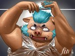 anthro blue_hair bodily_fluids brown_body brown_fur fur hair hair_trimming male moobs overweight personal_grooming scissors shocked solo styling_hair sweat trimming_(grooming) lifewonders tokyo_afterschool_summoners ganglie_(tas) mammal suid suina sus_(pig) wild_boar 4:3