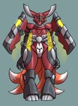 3_fingers anthro armor energy female fingers fur headgear helmet markings mech_suit multicolored_body multicolored_fur one_eye_obstructed red_body red_tail solo tail two_tone_body two_tone_fur two_tone_tail white_tail furball bandai_namco digimon raelmon taihoumon canid canine digimon_(species) fox guilmon hybrid mammal renamon