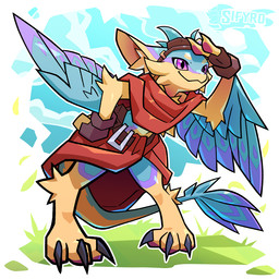 3_toes anthro being_watched belt blue_body blue_tail blue_wings claws clothing explorer eyewear eyewear_on_head feathers feet fingerless_gloves gloves goggles goggles_on_head hand_on_hip handwear kemono looking_at_another markings pawpads paws pink_eyes poncho purple_markings red_clothing simple_background standing tail tan_body toes wings blitzdrachin conditional_dnp eitoli_(shadowee) avali 1:1 digital_drawing_(artwork) digital_media_(artwork) watermark