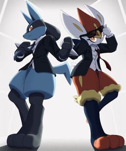 :< abstract_background accessory ambiguous_gender anthro big_ears black_body black_ears blue_body blue_ears blue_fur blue_tail bottomless bottomless_ambiguous bottomless_anthro chest_spike clothed clothed_ambiguous clothed_anthro clothing duo eyewear featureless_crotch feet frown frowning_at_viewer fur glasses grey_background head_tilt long_ears long_tail looking_at_viewer looking_down looking_down_at_viewer mostly_nude mostly_nude_ambiguous mostly_nude_anthro multicolored_body multicolored_ears multicolored_fur necktie orange_eyes pink_nose pose raised_arm red_body red_eyes red_fur shadow shirt simple_background spikes spikes_(anatomy) standing suit tail topwear white_background white_ears yellow_body yellow_ears yellow_fur niku1441 nintendo pokemon canid canine cinderace generation_4_pokemon generation_8_pokemon lagomorph lucario mammal pokemon_(species) 2023 5:6 absurd_res detailed hi_res portrait