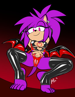 5_toes anthro black_latex breasts camel_toe clothing ear_piercing ear_ring eyelashes feet female gradient_background latex looking_at_viewer low-angle_view membrane_(anatomy) membranous_wings piercing pink_eyes purple_body red_clothing ring_piercing simple_background smile solo spread_legs spreading tail toes wings lettuce_(artist) sega sonic_the_hedgehog_(series) fan_character eulipotyphlan hedgehog mammal 2026 absurd_res digital_media_(artwork) hi_res