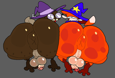 all_fours anthro anus ass_to_ass balls bedroom_eyes big_butt black_eyes black_nose blue_clothing blue_hat blue_headwear blue_hoodie blue_topwear bottomless brown_body brown_ears brown_fur brown_tail butt butt_bumping clothed clothing duo eyewear fur genitals glasses grey_background hair half-closed_eyes hat headgear headwear hoodie huge_butt looking_at_viewer looking_back male multicolored_body multicolored_fur narrowed_eyes orange_body orange_fur orange_hair orange_tail partially_clothed penis presenting presenting_hindquarters puffy_anus purple_clothing purple_hat purple_headwear scut_tail seductive sharp_teeth short_tail simple_background tail take_your_pick teeth thick_thighs tongue tongue_out topwear two_tone_body two_tone_fur two_tone_hat two_tone_tail white_body white_fur white_tail wizard_hat x_anus yellow_clothing yellow_hat yellow_headwear superiorfox ashley_(gamerrabbit68) soups_(superiorfox) canid canine canis fox lagomorph leporid mammal rabbit red_fox true_fox 2025 digital_media_(artwork)