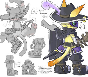 anthro belt blep bodily_fluids boots cape clothing embarrassed feet footwear fur gloves green_eyes handwear hat hat_feather headgear headwear loose_feather male mask pawpads shoes smelly smelly_feet sweat text tongue tongue_out yellow_body yellow_fur duki2585 bandai_namco digimon digimon_liberator digimon_(species) felid feline mammal nyabootmon hi_res japanese_text