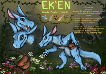 claws female finger_claws forest forest_background herbalism herbs leather_bag looking_at_viewer lore markings nature nature_background plant purple_markings solo teal_body toe_claws tree zephyrus139 ek'en dweller_(sayeth) headshot_portrait hi_res portrait