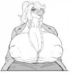 anthro big_breasts breasts clothed clothing female huge_breasts hyper hyper_breasts nipple_outline obese obese_anthro obese_female overweight overweight_anthro overweight_female smile solo laurel_dog cetacean mammal marine hi_res monochrome