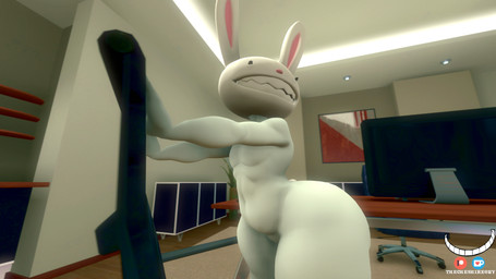 anthro chair computer_monitor detailed_background fur furniture looking_back male nude office office_chair office_desk pose rear_view smile solo teeth thick_thighs white_body white_fur wide_hips thecheshireguy sam_and_max max_(sam_and_max) lagomorph leporid mammal rabbit 16:9 2022 3d_(artwork) digital_media_(artwork) hi_res pinup source_filmmaker_(artwork) widescreen